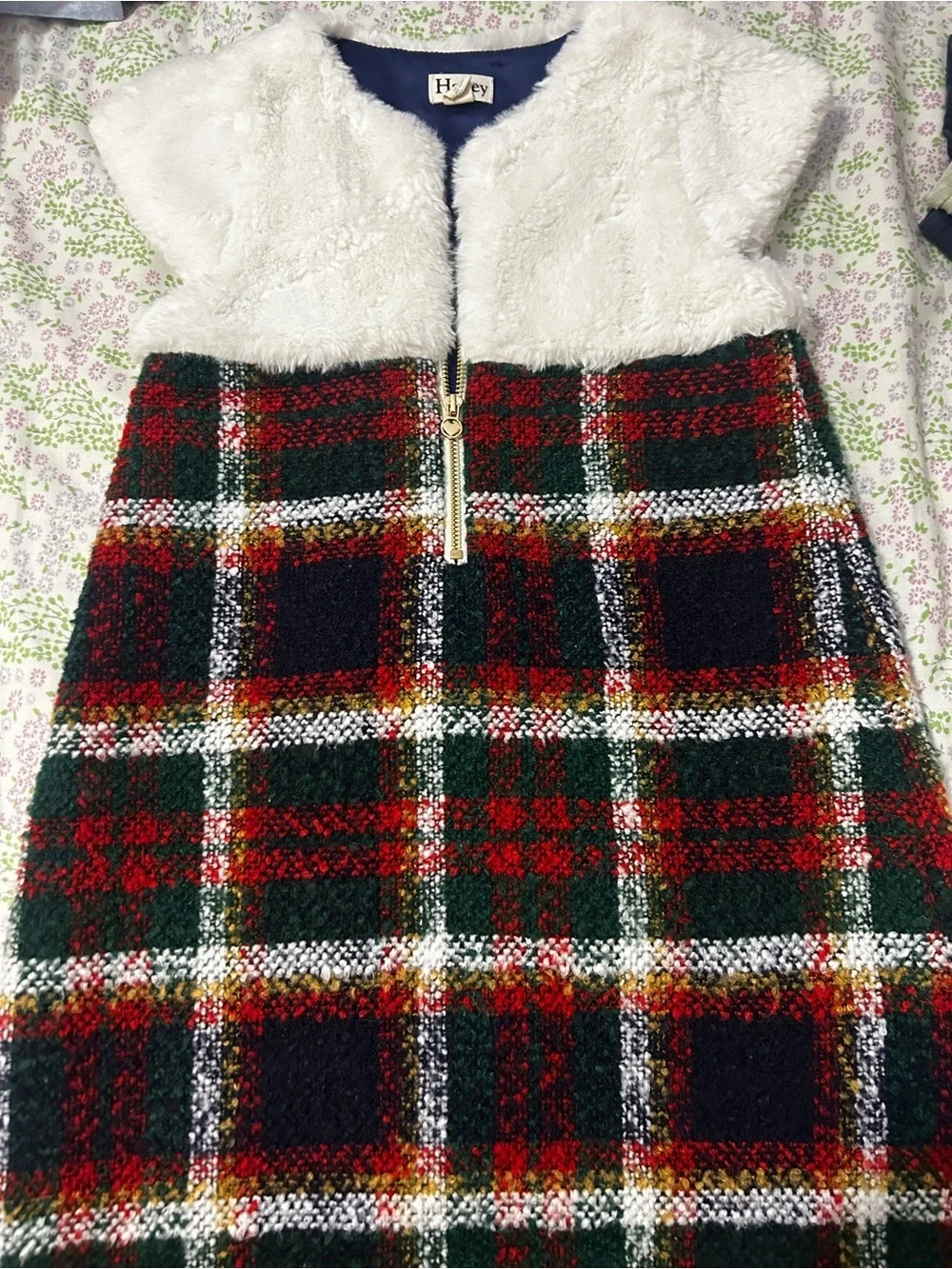 Hatley White Faux Fur Top Green Red Tartan Girls Dress